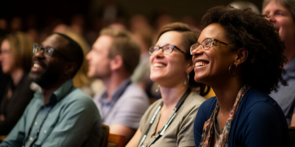 Candid shots of attendees sharing stories and experiences, Church Conference, banner Generative AI